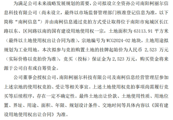 巨鼎医疗拟设立全资孙公司并由其购买WCG2024-02土地使用权土地挂牌出让起始价为2523万(图1)
